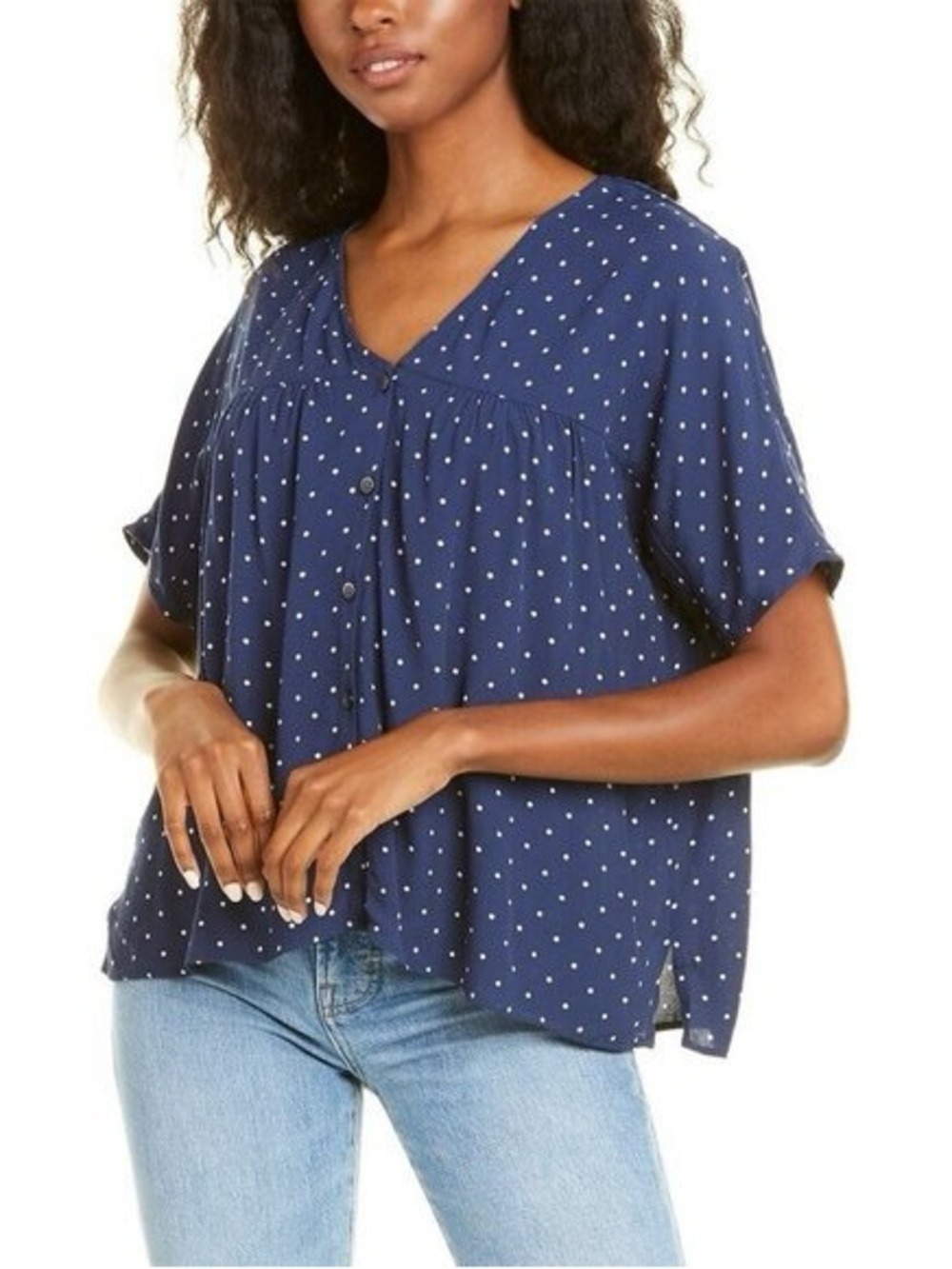Madewell Navy Polka Dot V-Neck Button-Front Blouse Small